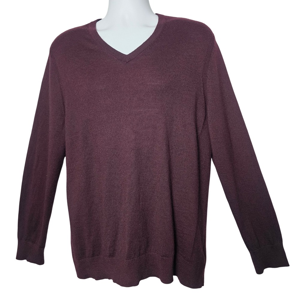 Express Mens Merino Wool Blend V-Neck‎ Sweater XL Burgundy Classic Minimalist